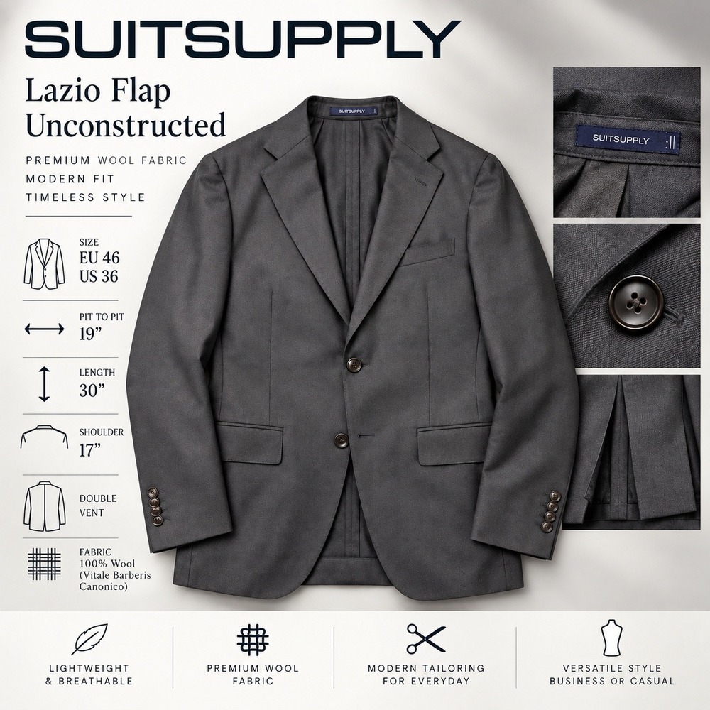 Suitsupply Lazio Slim Blazer E. Thomas Super 170s Wool Navy Blue 36R IT46 P6112I